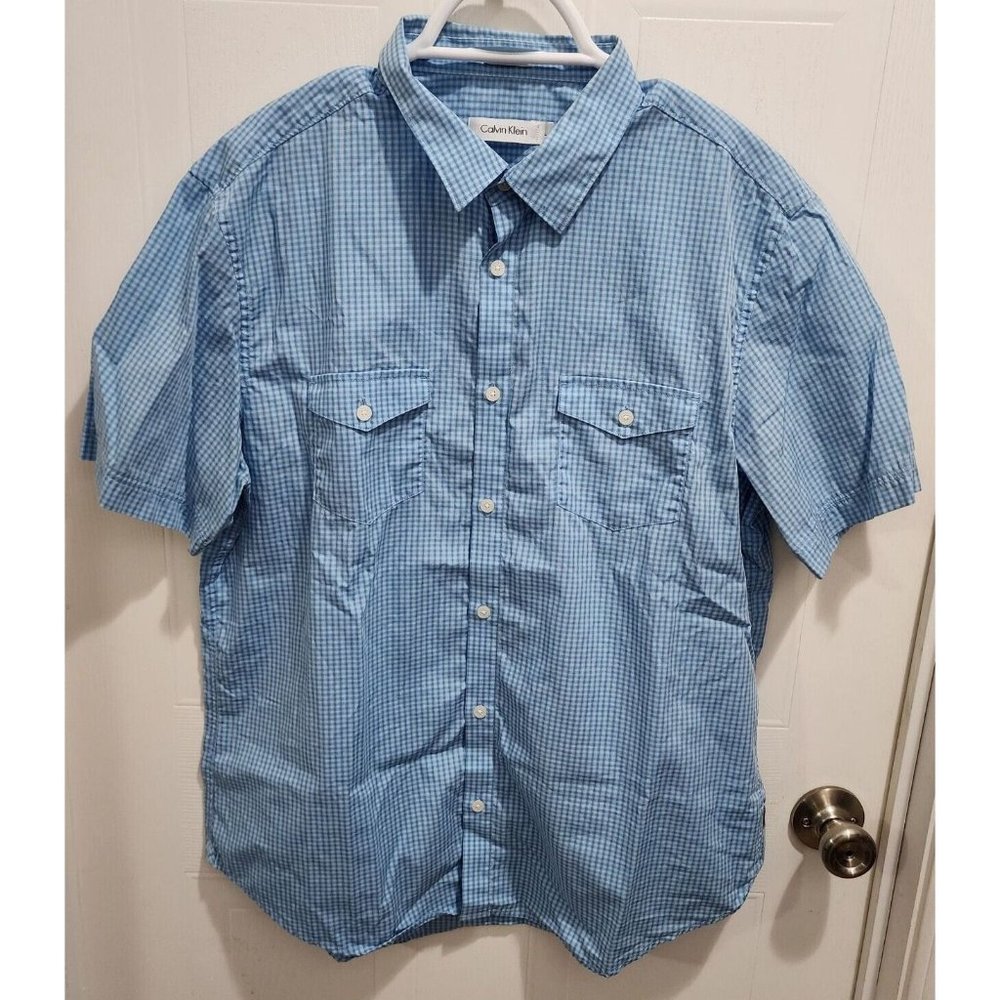 Calvin Klein Blue Gingham Plaid Button Up Short Sleeve Shirt Size L 100% Cotton
